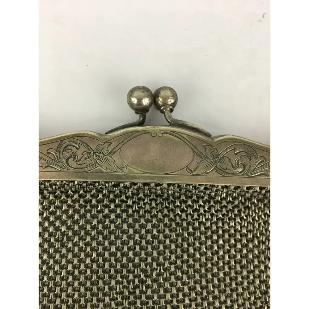 Antique Signed‎ German Silver Mesh Purse Bag Ornate Frame Dangles NB Co Flapper